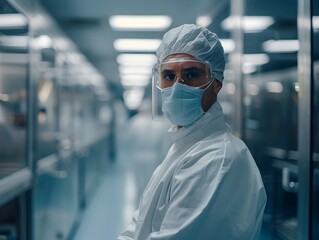 Wall Mural - Worker in Futuristic Cleanroom Setting with Advanced Technology and Precise Equipment