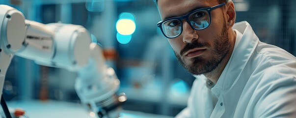 Wall Mural - Robotics Engineer Working with Advanced Robot Arm in High Tech Laboratory