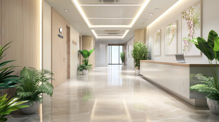 Wall Mural - Inside empty clinic hall with green plants and white beige finish, luxury interior of modern hospital, shiny marble floor. Concept of office, business, space, company