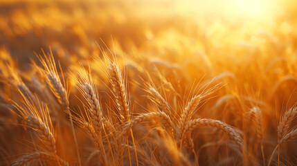 Golden wheat field at sunset with soft focus