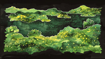 Poster - Green Landscape Painting with Yellow Flowers.