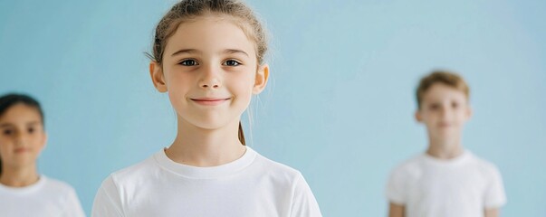 Wall Mural - Young girl smiling in a portrait with two friends blurred in the background