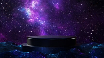 a photo of an empty 3d podium with a minimalist design, set against a background of swirling galaxie