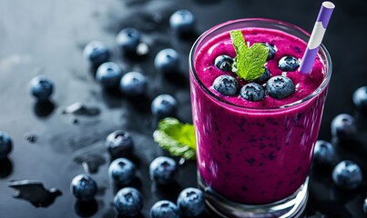 Wall Mural - A glass of blueberry smoothie featuring fresh blueberries and mint leaves.