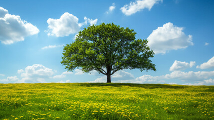 Poster - Lone oak tree on a yellow wildflower meadow under a bright blue sky