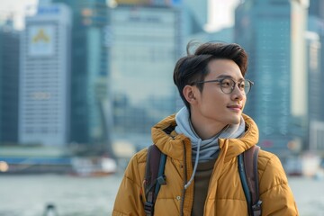 An Asian man in a stylish casual outfit, walking along a riverfront