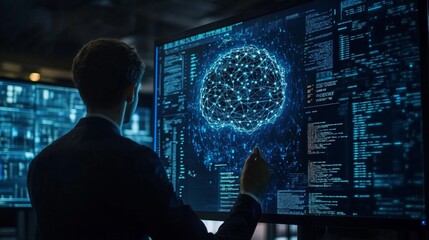 AI Artificial Intelligence. Business man using AI technology for data analysis coding computer language with digital brain