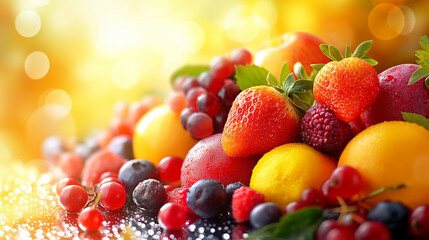 Banner with Fresh summer berries and fruits in warm sunlight