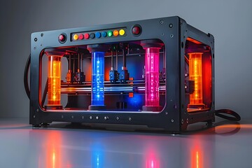 Wall Mural - A 3D printer illuminated by vibrant, colorful lights.