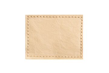 brown leather belt strap closeup isolated on white. brown stitched leather seam frame label tag isol