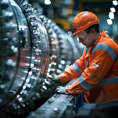 Poster - Worker Inspecting Industrial Machinery in Safety Gear Professional Industry Concept with Copy Space