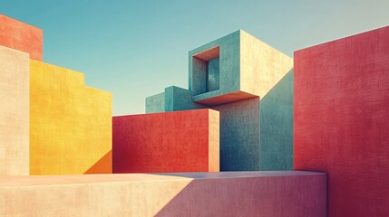 Poster - Abstract urban scene featuring geometric buildings with a clean minimal design in pastel tones Stock Photo with copy space