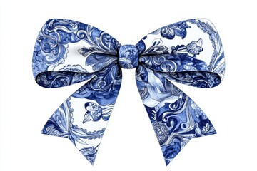 Classic blue white porcelain pattern bow on white background