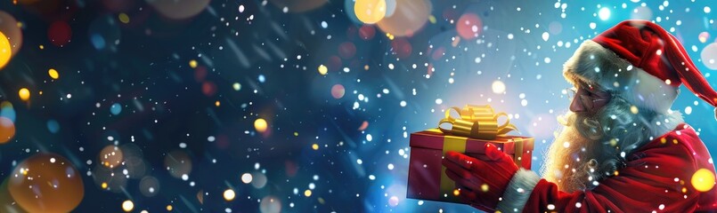 Christmas style with Santa Claus opening an gift box, dark blue background, blurred lights, bright yellow and red color palette.