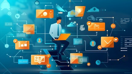 Wall Mural - businessman working on laptop with network diagram.