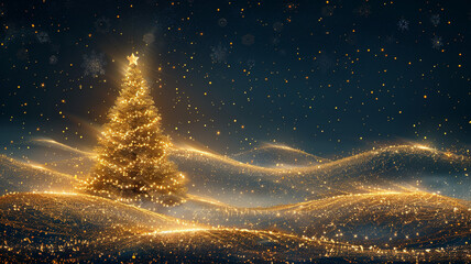 Wall Mural - Elegant Christmas tree crafted from golden lights with a star topper, set against a dark background. 