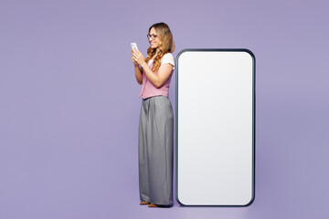 Sticker - Full body young employee business woman corporate lawyer wears suit vest white t-shirt work in office big huge blank screen area mobile cell phone use smartphone isolated on plain purple background.