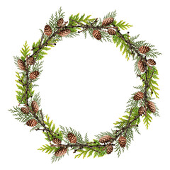 Wall Mural - christmas wreath. round frame made of dry branches with cones, dry and fresh thuja branches. a desig