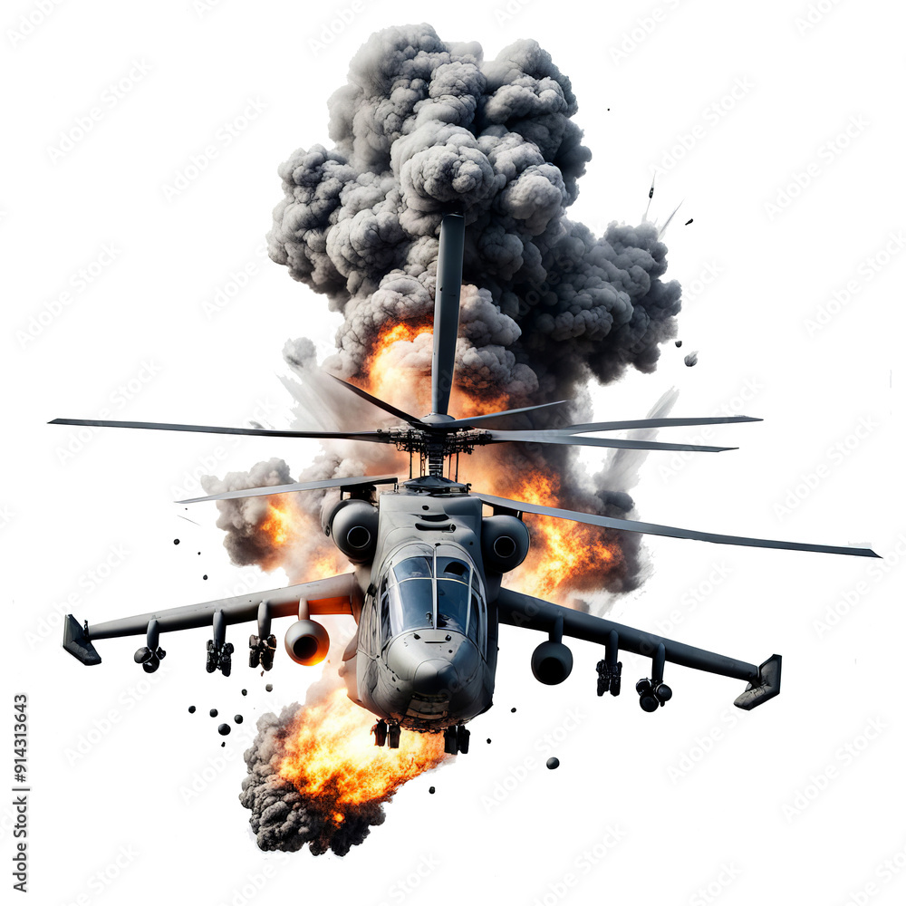 Exploded amilitary helicopter from a missile hit isolated on the ...