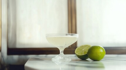 close-up margarita cocktail on the table in the white kitchen with lime. Alcoholic drink. Moody Mediterranean