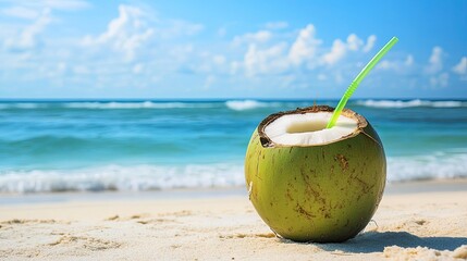 A green coconut with a straw, set on the beach with the ocean in the background, embodying a refreshing tropical escape.