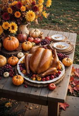 Wall Mural - thanksgiving dinner table with roasted turkey and pumpkins surrounded by flowers on vase