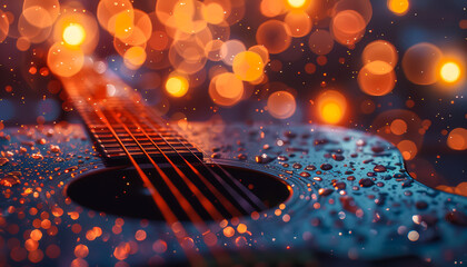 A guitar is shown with a blurry background and a lot of light