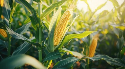 Wall Mural - Sweet corn plants swaying gently in the breeze, with close-up focus on the corn cobs nestled among the green leaves.