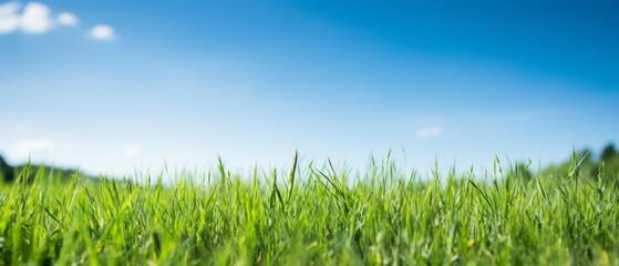 Wall Mural - Green grass field and blue sky with clouds. Panoramic view.