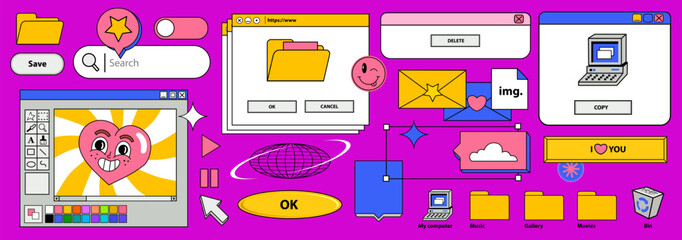 Vaporwave Desktop. Template different Screens on an old retro PC in the y2k style. illustration of chat messenger, media player, button, internet draw in 90s style in pink background. Vector Wallpaper