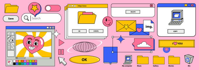 Vaporwave desktop. Template different screens on an old retro PC in the y2k style.