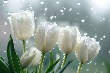 Wall Mural - beautiful image white tulips flowers covered with water droplets on a blurred bokeh background