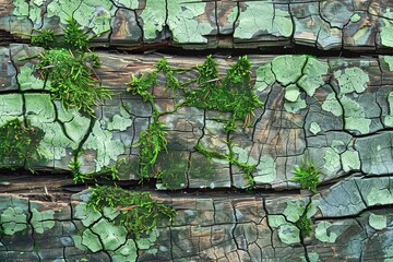 Poster - grunge texture old weathered surface wooden background with peeling paint and moss top view