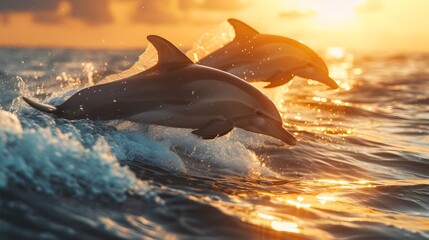 Wall Mural - Playful Dolphins Riding Golden Sunset Waves in the Serene Ocean