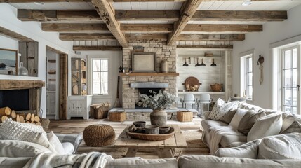 Rustic living room with exposed wooden beams, a fireplace, and comfortable seating.