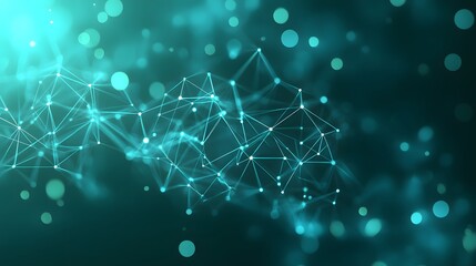 Abstract digital network with connecting dots and lines, signifying data transfer and technology in a turquoise hue.