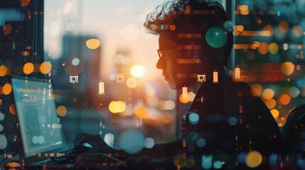 Silhouette of a programmer working on a computer with a city skyline in the background