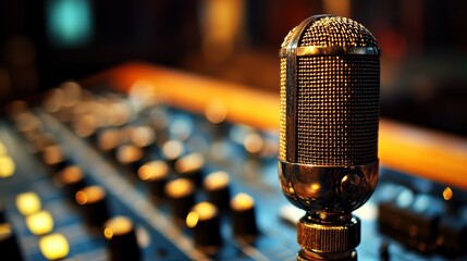 Vintage microphone and sound control panel in a recording studio setting, capturing the essence of audio production.