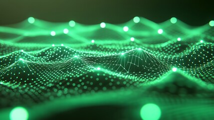 Wall Mural - Abstract green digital landscape with glowing nodes and connecting lines, representing data, technology, and futuristic concepts.