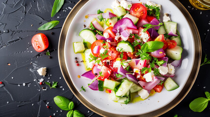 Greek salad. The vibrant colors of ripe tomatoes, red onions, and fresh herbs create a captivating display against a rustic background.