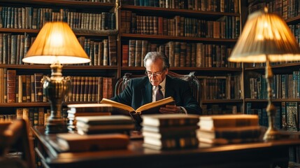 Wall Mural - Elderly Man Reading in a Library Surrounded by Bookshelves