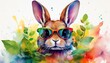 © Rendy Dastian - Cool bunny rabbit easter with plant with watercolor style.
