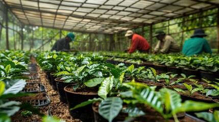 Workers tending to young coffee plants in a greenhouse. The lush greenery and focus on cultivation highlight the growth process.