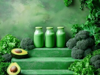 Wall Mural - Three green juice bottles with avocado, kale, and broccoli on green steps