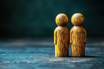 Wooden Figurines:  Two wooden figures stand close together, their simple forms suggesting connection and intimacy. The deep teal background adds a sense of mystery, while the soft lighting creates a w