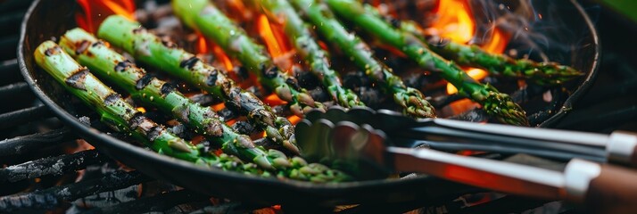 Close up of grilling green asparagus outdoors on a BBQ grill with a carbon steel pan and kitchen tongs over hot coals