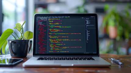 A laptop with code on the screen, a plant in the foreground, and a pen on the desk.