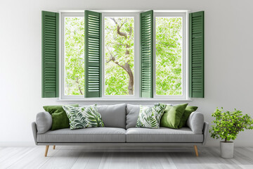 Bright and airy living room featuring a gray sofa with green accent pillows, large windows with green shutters, and lush greenery outside. Modern and fresh interior design