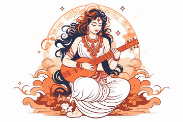 Wall Mural - Illustration of Maa goddess saraswati playing voilin on white background. Generative ai.