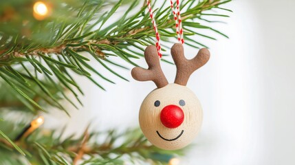 Canvas Print - Cute handmade wooden reindeer ornament is hanging on a christmas tree branch with warm twinkling lights in the background